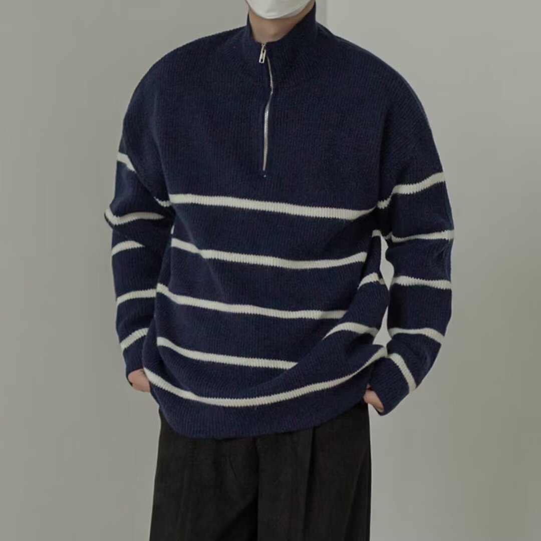Men's half-high zipper collar sweater, autumn and winter striped knit base layer, Hong Kong style trendy casual knit sweater top