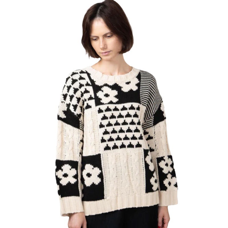 Women's Clothing autumn and winter sweater women's clothing square flower casual loose round neck pullover sweater_voghion.com