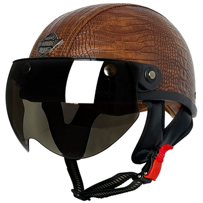 Motosiklet kaskı (dəbilqə) – and women's half helmet electric - brown-crocodile-leather-helmet-w-tea-mirror-m