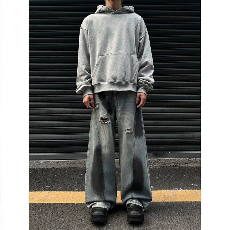 High Street Summer Retro Autumn Vibe Ink Splash Hole Jeans Loose Deconstructed Straight Wide Leg Long Pants_viptrois.com