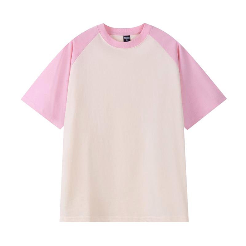Spring and Summer 260g Heavyweight Loose Top American Retro Pure Cotton Raglan Short Sleeve Color-Block Couple T-Shirt with Color-Blocking Design