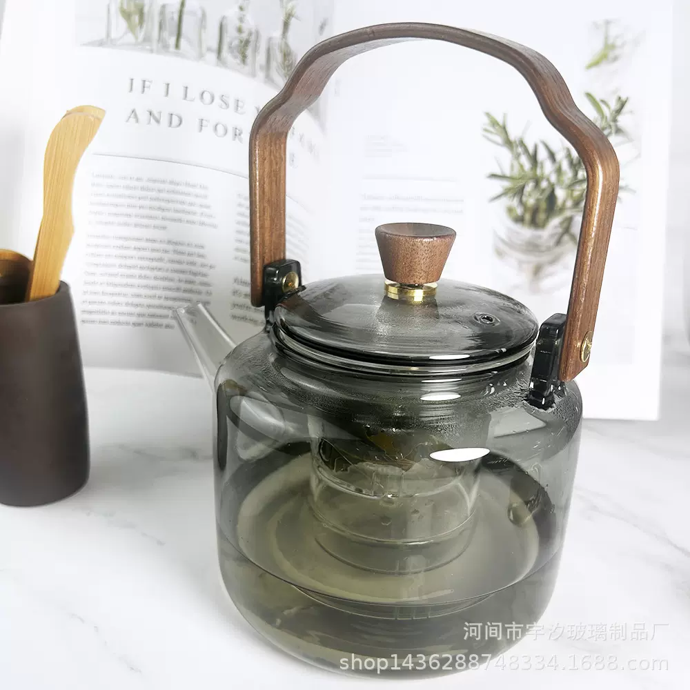 耐热玻璃烟灰色提梁壶蒸煮俩用的泡茶壶茶壶胡桃木的梯梁壶