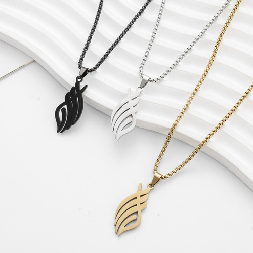 Cross-border best-selling hollow flame feather necklace stainless steel titanium steel pendant personalized versatile snake chain wholesale
