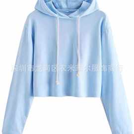 工厂订制 新款领口穿绳长袖圆领套头纯色卫衣女上衣 短款连帽衫