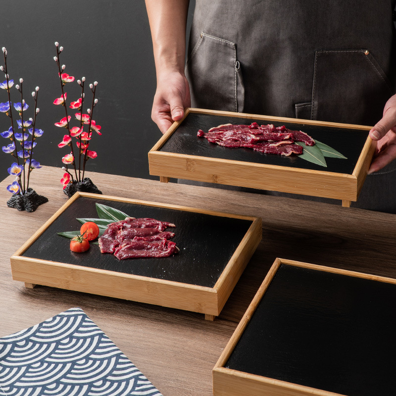 黑色岩石餐盘日式个性创意商用竹木质火锅涮菜盘烤肉石板餐具盘子