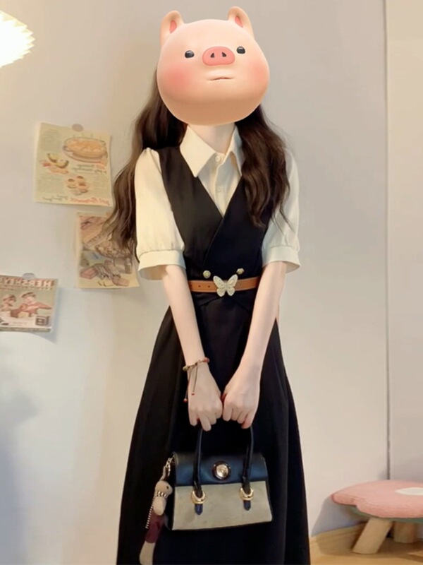 Temperament College Style Fake Two-Piece Shirt Dress for Women in Summer Formal Occasions Interview Wear Long Skirt for Small People
