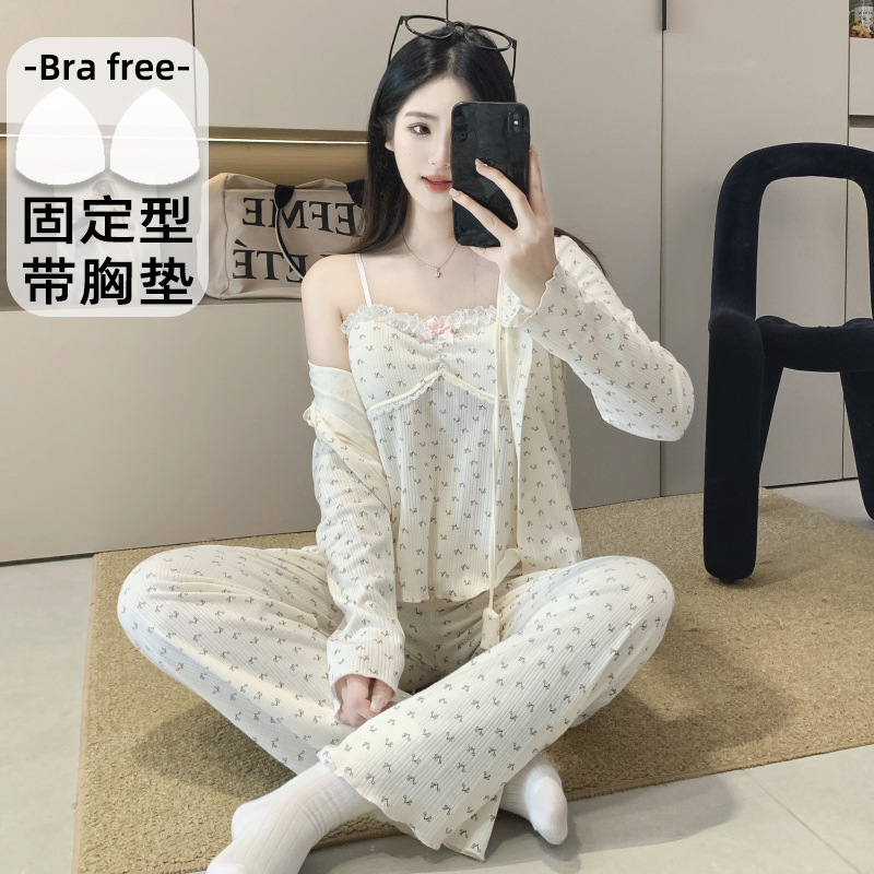 Pajamas Women's Spring and Autumn Cotton Small Floral Three-piece Set Fresh and Pure Style Sexy Sling with Chest Pad Home Clothes