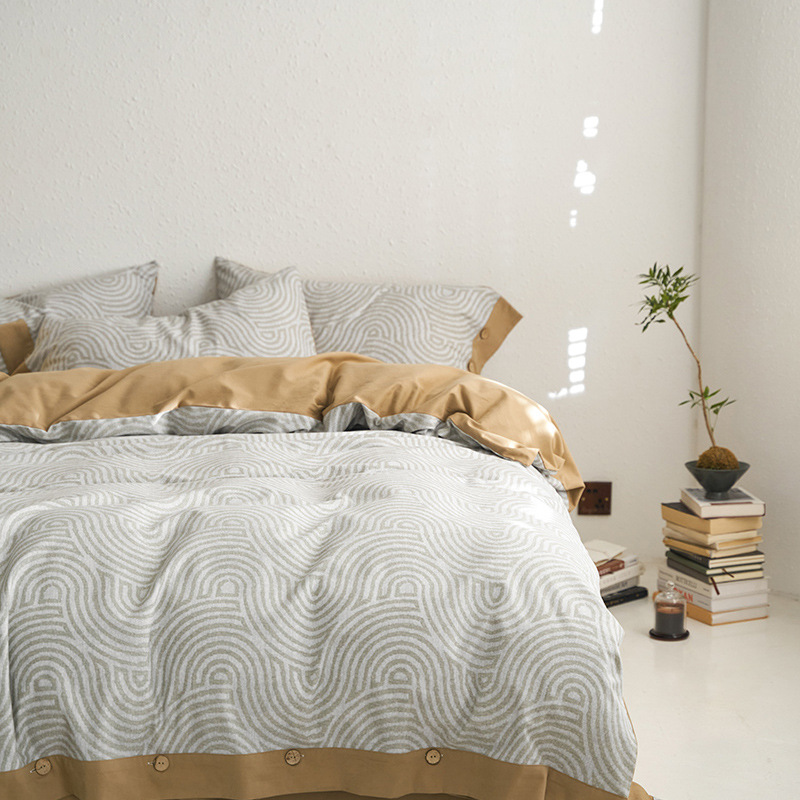 Botón cepillado ecológico impreso, un juego de algodón de cuatro piezas, otoño e invierno, cálido, sueño desnudo, kit de algodón grueso retro