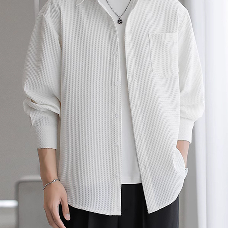 Camisa suelta de moda con textura para hombres, manga larga ligera y madura, camisa suave, cerosa, transpirable y fresca, ropa de trabajo de moda, camisa de pulgadas, marea