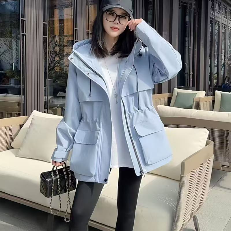 2025春秋新款女今年流行连帽冲锋衣外套抽绳收腰风衣女上衣潮|undefined