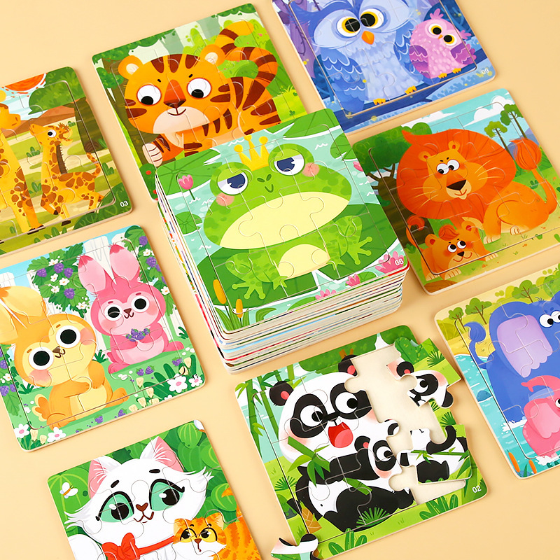 Weiweihu Cross-border 9 piezas de rompecabezas de dibujos animados de animales rompecabezas jardín de infantes aprendizaje cognitivo educación temprana para niños juguetes de madera