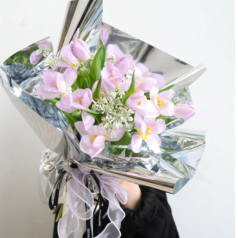 Espejo brillante papel de envolver papel de arte papel de metal impermeable ramo de flores de plata papel reflectante papel de aluminio