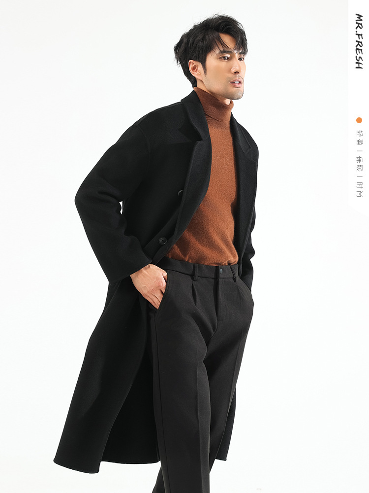 秋冬の両面の綿毛のカシミヤのコートの男性の長い金は膝の双列を過ぎてボタンを掛けます。