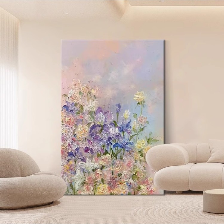 客厅抽象花卉牡丹肌理画玄关手绘油画奶油风挂画法式丙烯装饰壁画