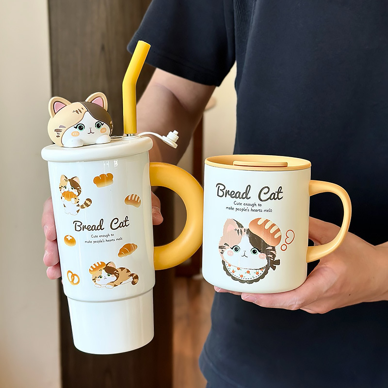 Pan serie de gatos de mano taza de aislamiento térmico de alta calidad de mujer taza de agua de paja de taza de café de acero inoxidable 316