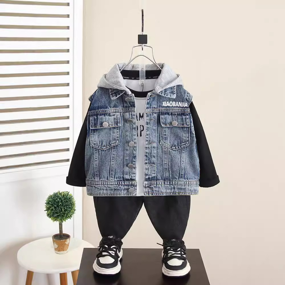 6262 Chaleco de mezclilla para niños, ropa exterior de primavera y otoño 2025 nuevo bebé, chaleco con capucha coreana de otoño para niños