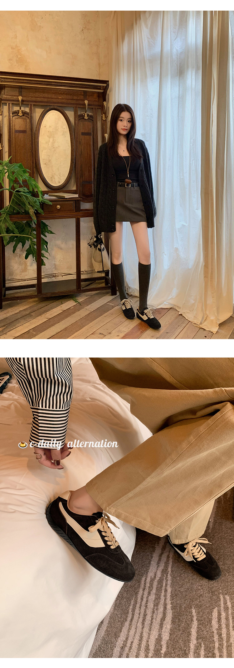 Giày sneaker nữ đế bệt mũi tròn dây buộc da thật phối màu phong cách Đức — Màu nâu chi tiết 18