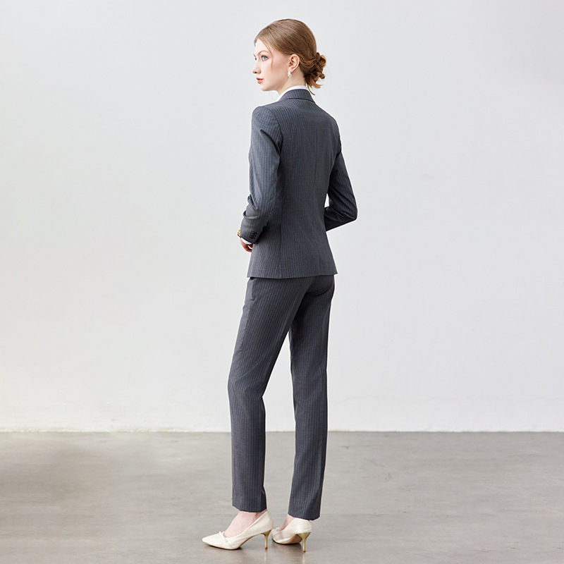 グレー縦縞スーツセット50% ウール女性スーツカスタム女性ビジネス服職業正装作業服|undefined