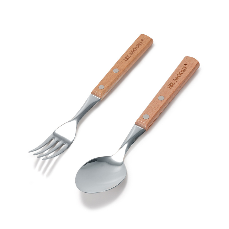 Camping Stainless Steel Spoon And Fork Set With Beech Wood Handle_voghion.com