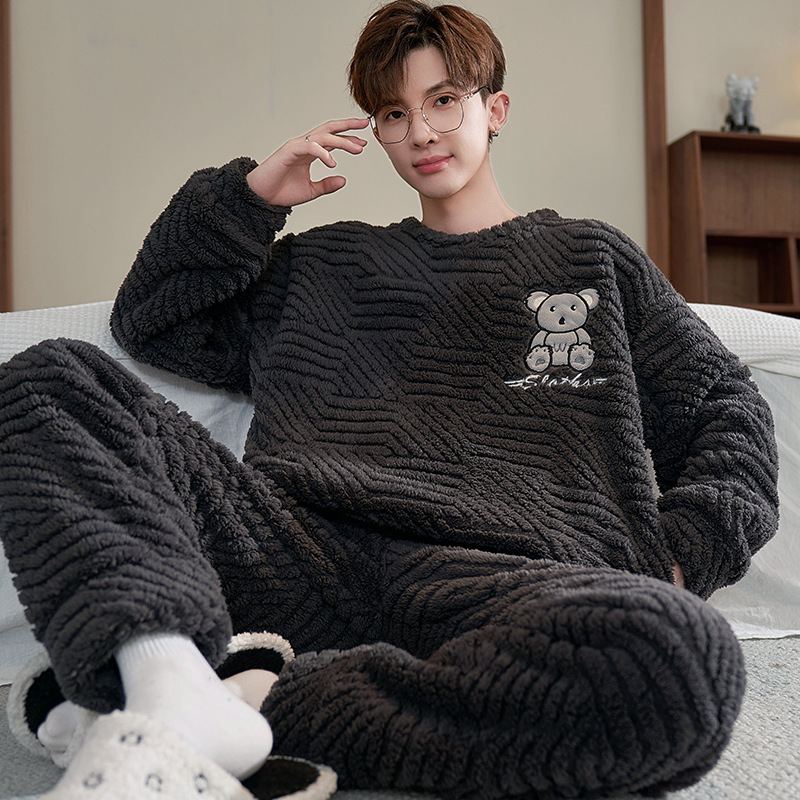 Pijamas de invierno de los hombres de coral de lana engrosada forrada de lana cálido desgaste del hogar traje de dibujos animados de franela Jersey de invierno de los hombres
