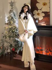 法式千金感山茶花斗篷外套气质显瘦鱼尾裙套装两件套
