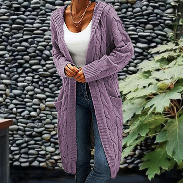 Aguja gruesa de las mujeres europeas y americanas transfronterizas Otoño e Invierno de las mujeres color sólido suelto más tamaño doble bolsillo Twist sweater cardigan Coat