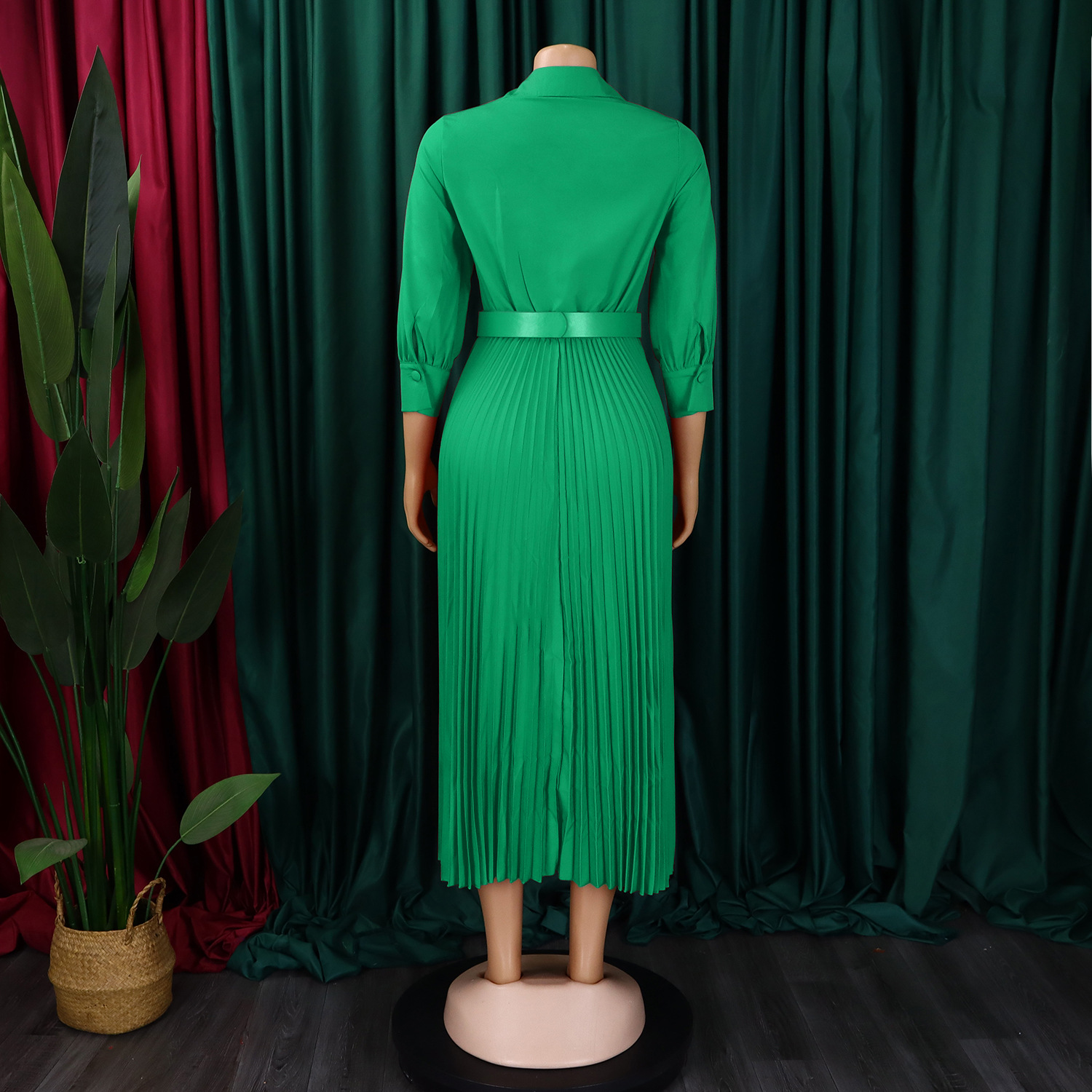 GraceChic D3327 Damenkleid Frühjahr 2025, neue Mode, V-Ausschnitt, einfarbig, langärmelig, weiter Saum, plissiert, Exportkleid_voghion.com