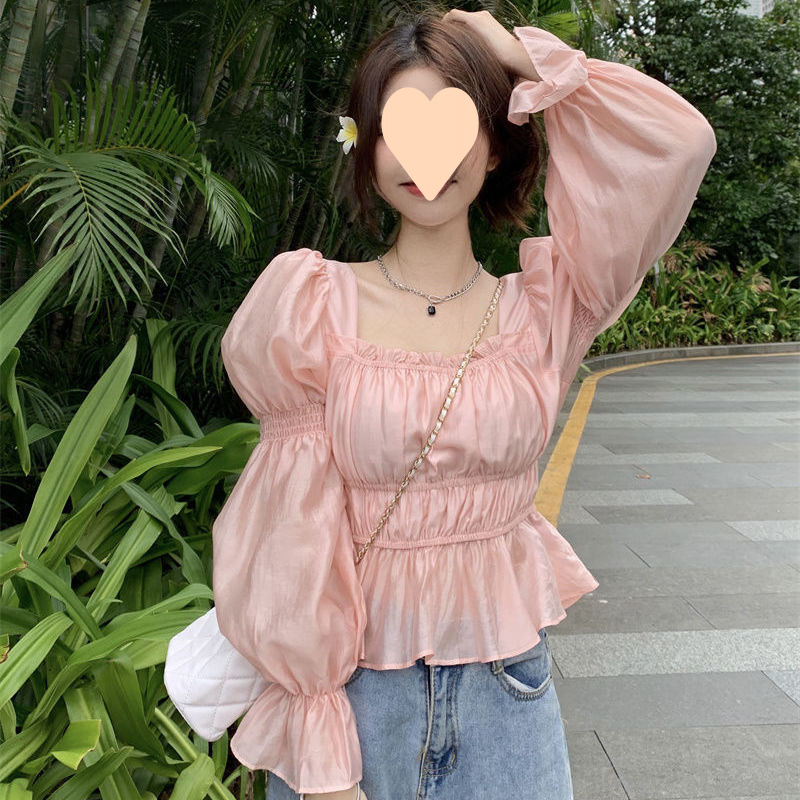 프랑스 스타일 우아한 트럼펫 소매 셔츠 여성의 가을 2024 새로운 달콤한 스퀘어 칼라 슬리밍 슬림 핏 긴 소매 탑