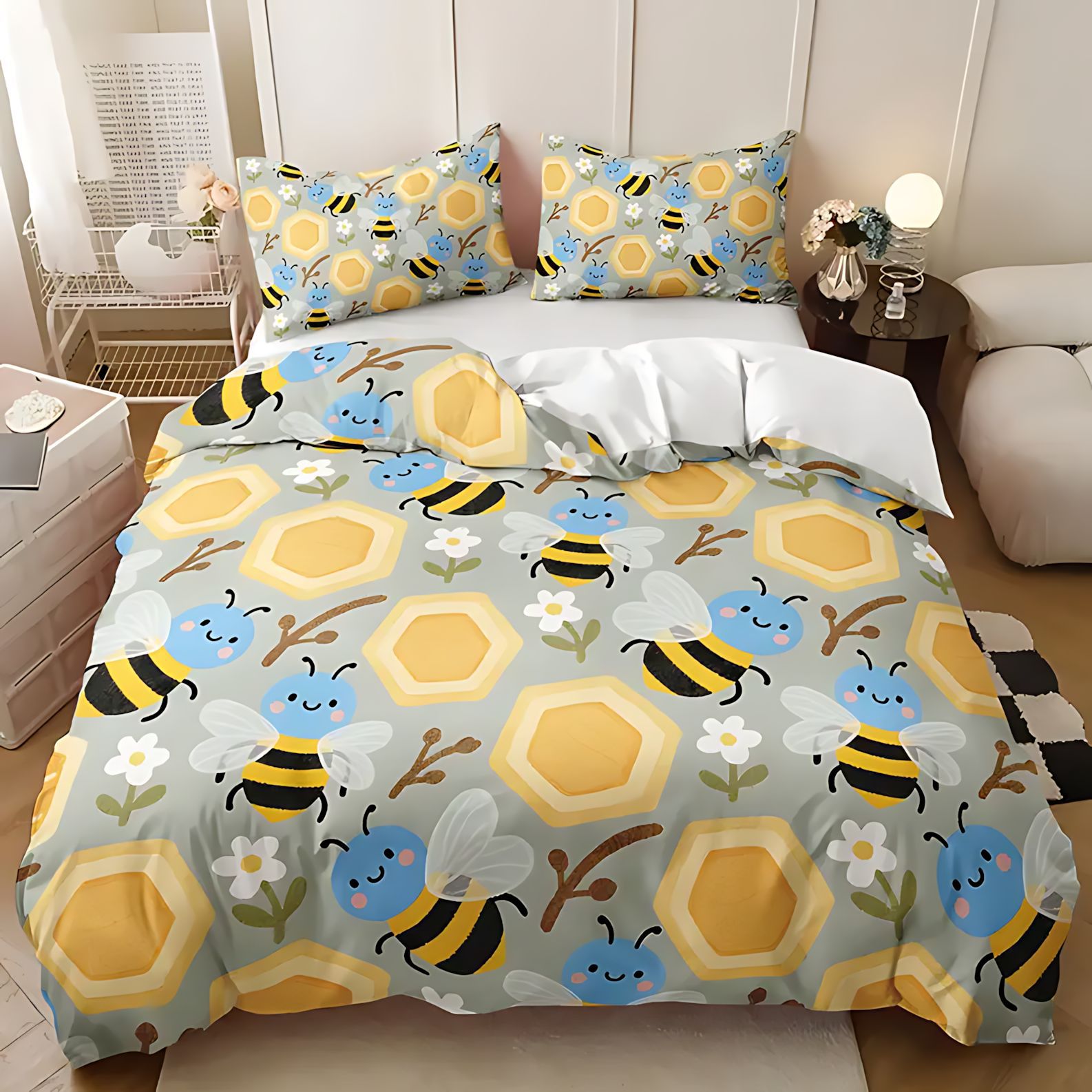 TUME / JIT transfronterizo adorable abeja molida HD impresión digital colcha colcha colcha set de cama