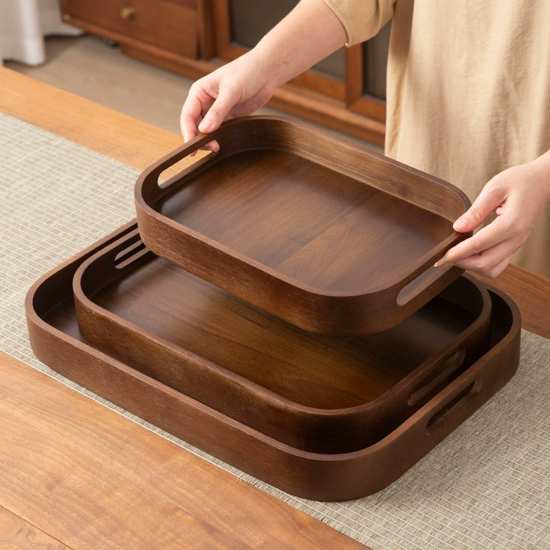 Creative Walnut Wood Serving Set: Rectangular Dinner Plate & Teacup Tray, Internet Celebrity Favorite