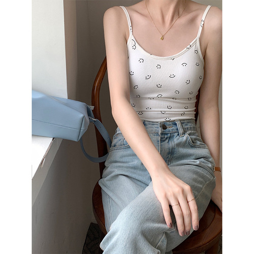 Hot girl style smiley face print backless camisole sexy strappy padded outer wear slim fit midriff-baring inner layering shirt