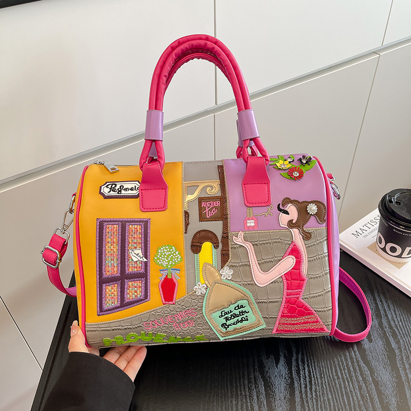 女性用クロスボーダーバッグ、大容量、高級ボストンバッグ、刺繍ステッチショルダーハンドバッグ、クロスボディバッグ、ピローバッグ|undefined