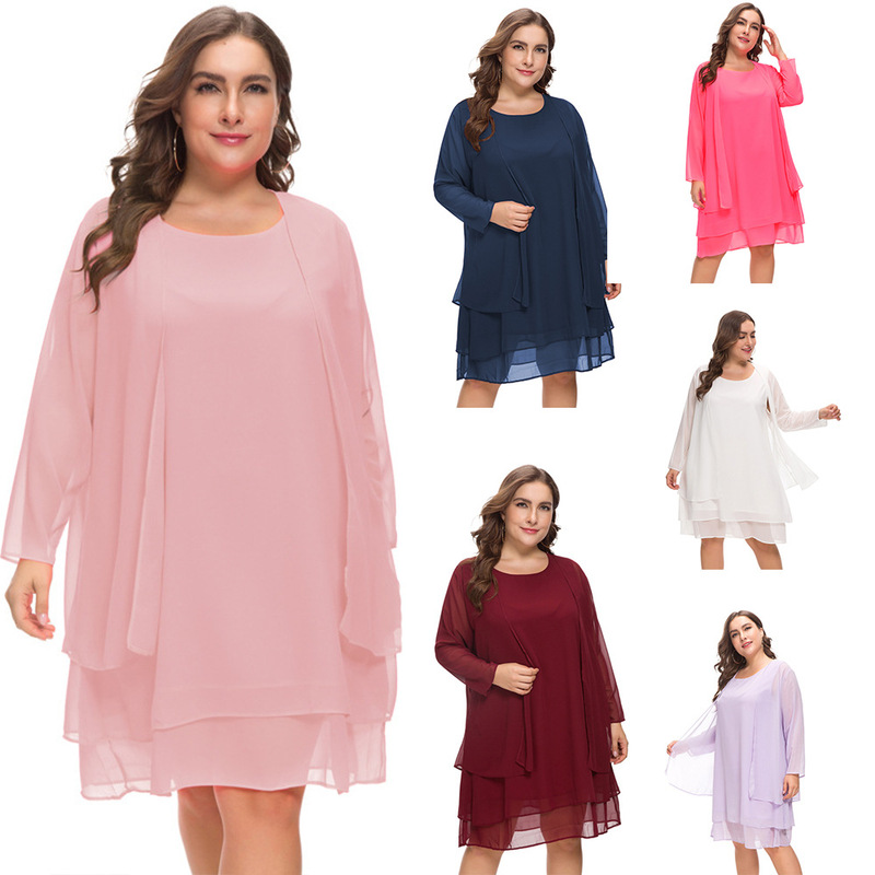 Amazon AliExpress 2024 spring new women's chiffon stitching long sleeve plus size long 2-piece dress Amazon AliExpress 2024 spring new women's chiffon stitching long sleeve plus size long 2-piece dress