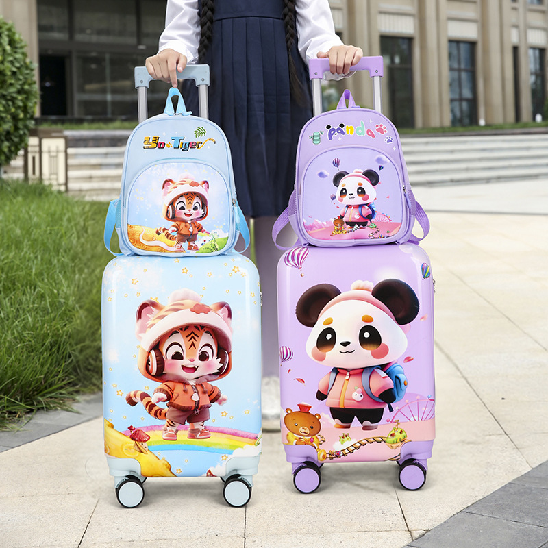 New Cartoon Pattern Luggage Set: 14inch Backpack + 19inch Wheeled Suitcase for Boys and Girls Travel Suitcase