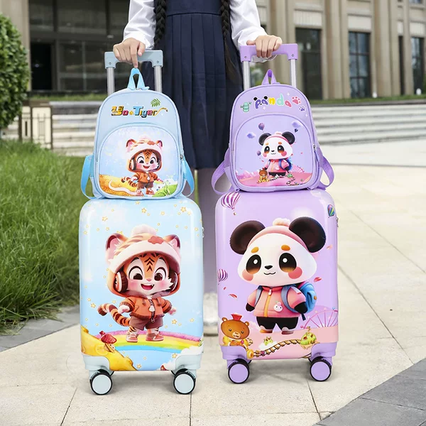 New Cartoon Pattern Luggage Set: 14inch Backpack + 19inch Wheeled Suitcase for Boys and Girls Travel Suitcase