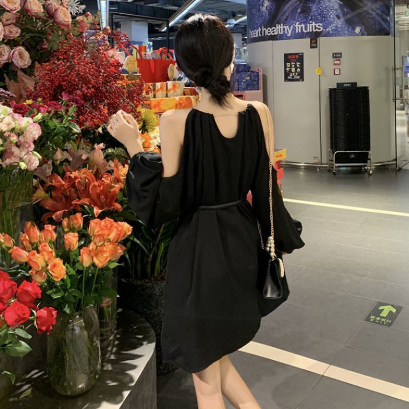 2025 新韓国デザインオフショルダールーズ長袖ドレス女性のための秋のホルターネック A ラインスカートウエスト痩身|undefined