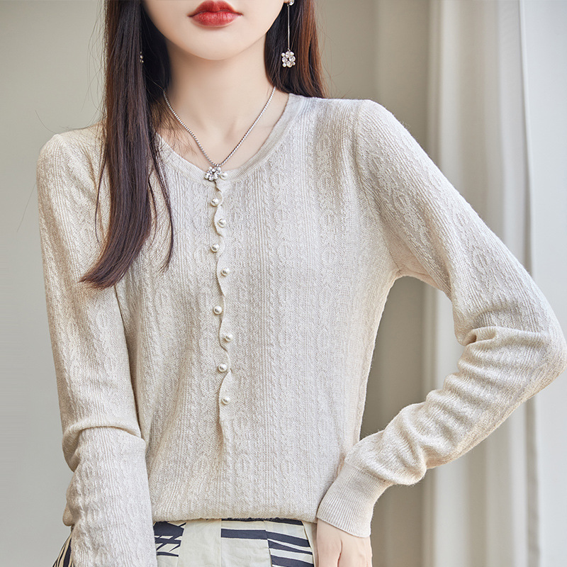Early Autumn Style Fashionable Thin Tencel Knitted Sweater Round Neck Pullover Temperament Long Sleeve Wool Top For Women