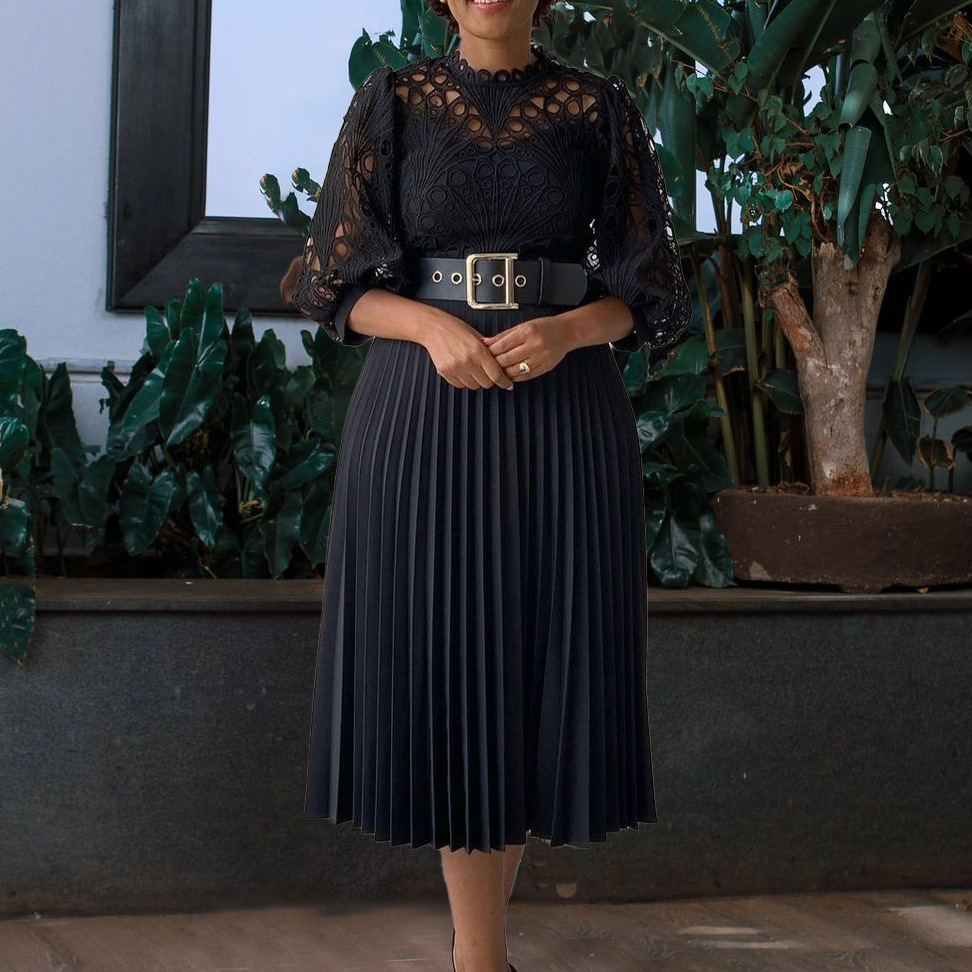 Women's Lace Hook Dress Hollow Pleated Stitching New Clothing_ecoleips.com