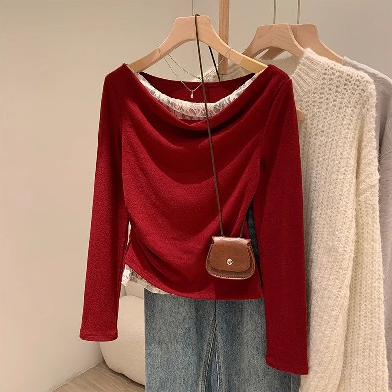 New Year's Outfit: Red Faux Two-Piece Top for Women, Autumn and Winter Inner Wear, Scoop Neck Long-Sleeve Shirt, Slim Fit Off-Shoulder Base Shirt