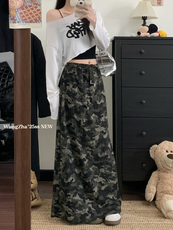 美式复古迷彩抽绳直筒半身裙女秋季新款休闲时尚显瘦垂感破洞长裙|undefined