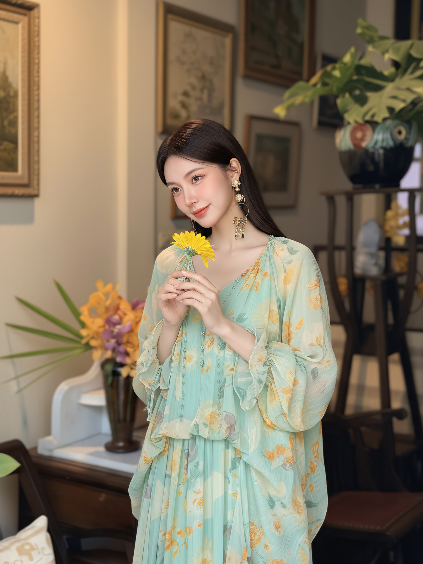 Đầm maxi nữ thắt eo phong cách Tân Trung Hoa in họa tiết thiết kế giả hai lớp — Thiên Thanh