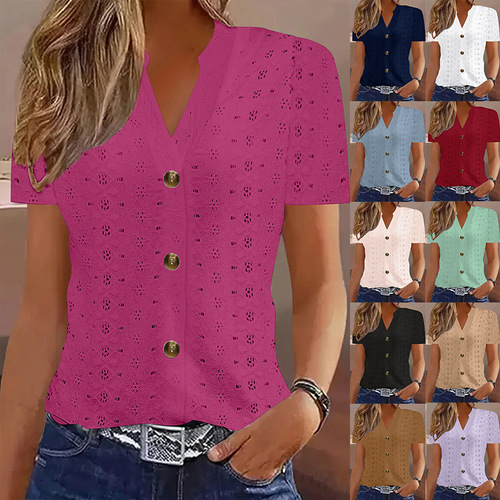 2025 Spring European and American Cross-border Amazon Independent Store New Women's Fashion Casual Solid Button V-neck Short-sleeve T-shirt
