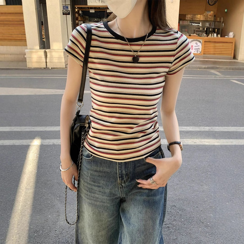 Retro Color Blocking Striped Round Neck Short Sleeve T-Shirt for Women - Summer 2025, Versatile, Fitted, Regular Shoulder, Student Top, Trendy