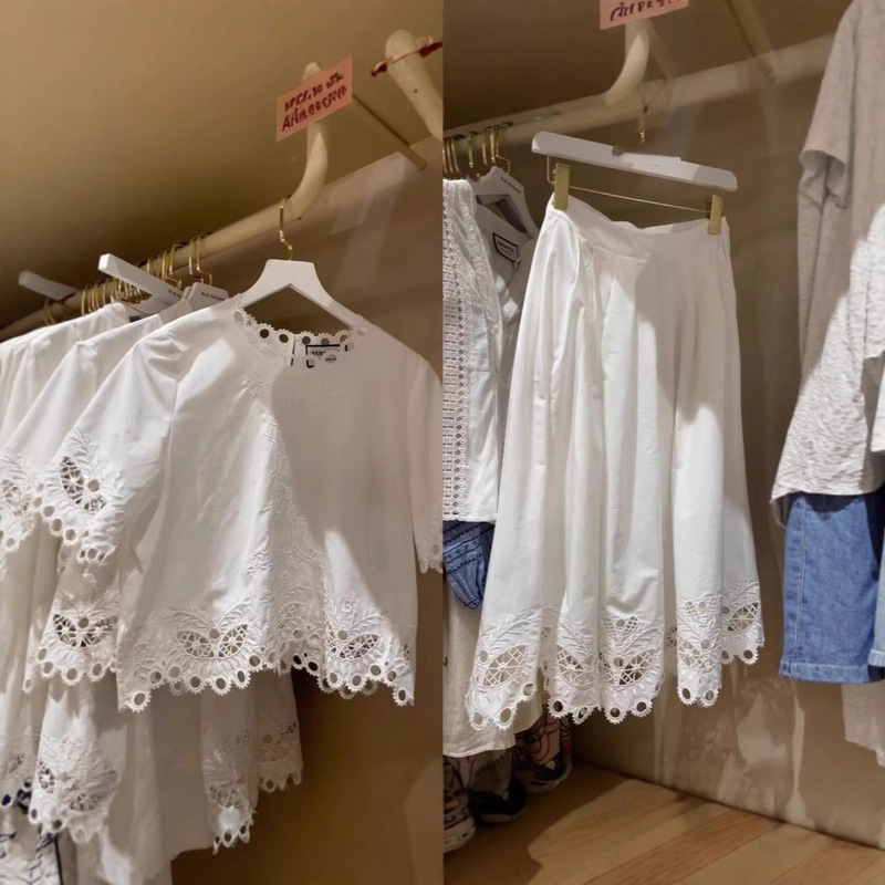 French-Style Two-Piece Set with a High-End Feel: Eyelet Embroidery Short-Sleeve Top + Lace Pleated A-Line Flared Skirt Manufacturer