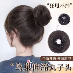 かつらの鳥の巣の団子の頭のシミュレーションの頭の上のふわふわしているつぼみの頭は髪を伸ばして卸売りのかつらの神器を伸ばして包みます。