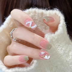 Green Gradient Early Spring Floral Short Nails with Pearl Ribbons Nail Stickers Cute Fresh Wearable Nail Stickers Wholesale