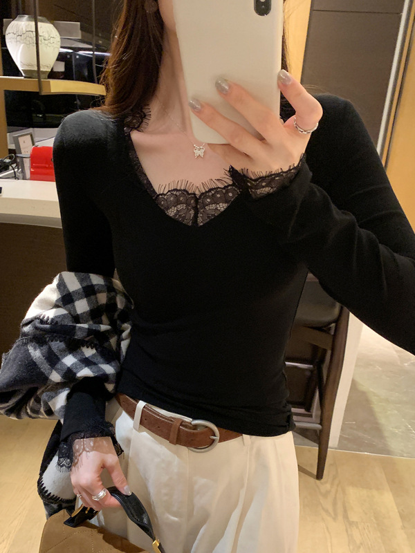 纯欲风蕾丝花边v领显瘦打底衫2025早秋新款叠穿内搭修身长袖T恤女|undefined