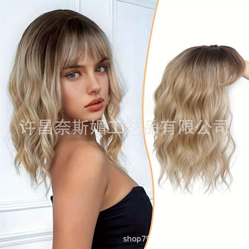 Wig European and American Women's Wave Head BOBO Air Bangs Water Ripple Medium and Long Curly Hair Amazon Chemical Fiber Headgear