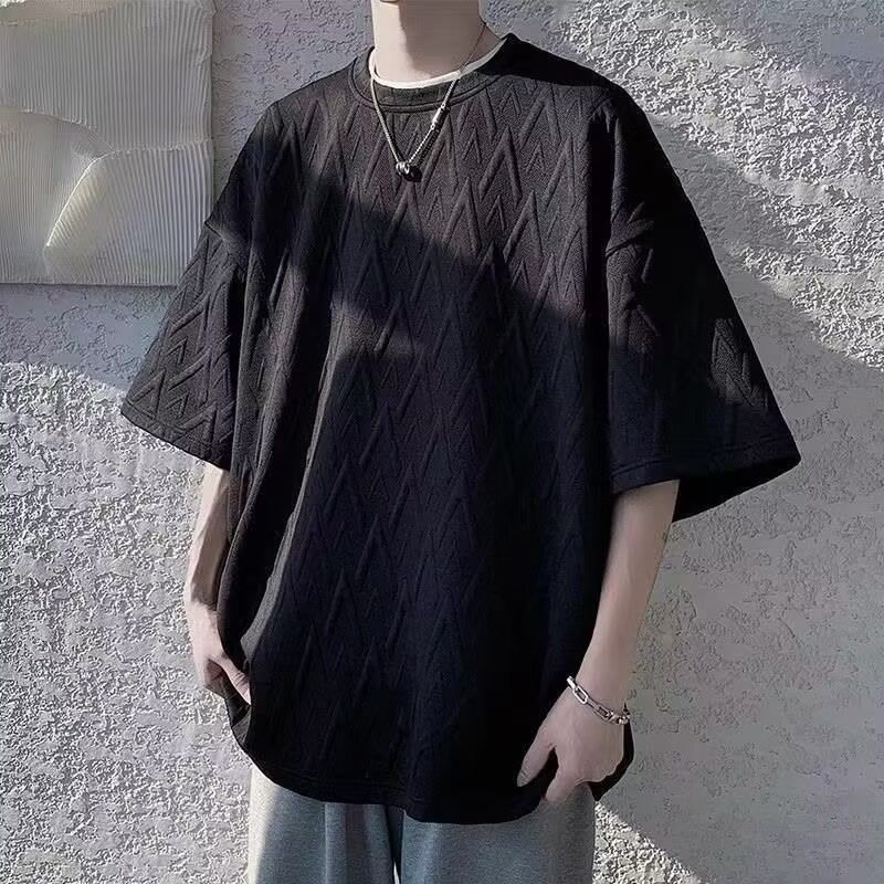新しいジャカード半袖Tシャツメンズ2025夏トレンディハンサムイン多用途ルーズテクスチャードラウンドネックハーフスリーブ|undefined