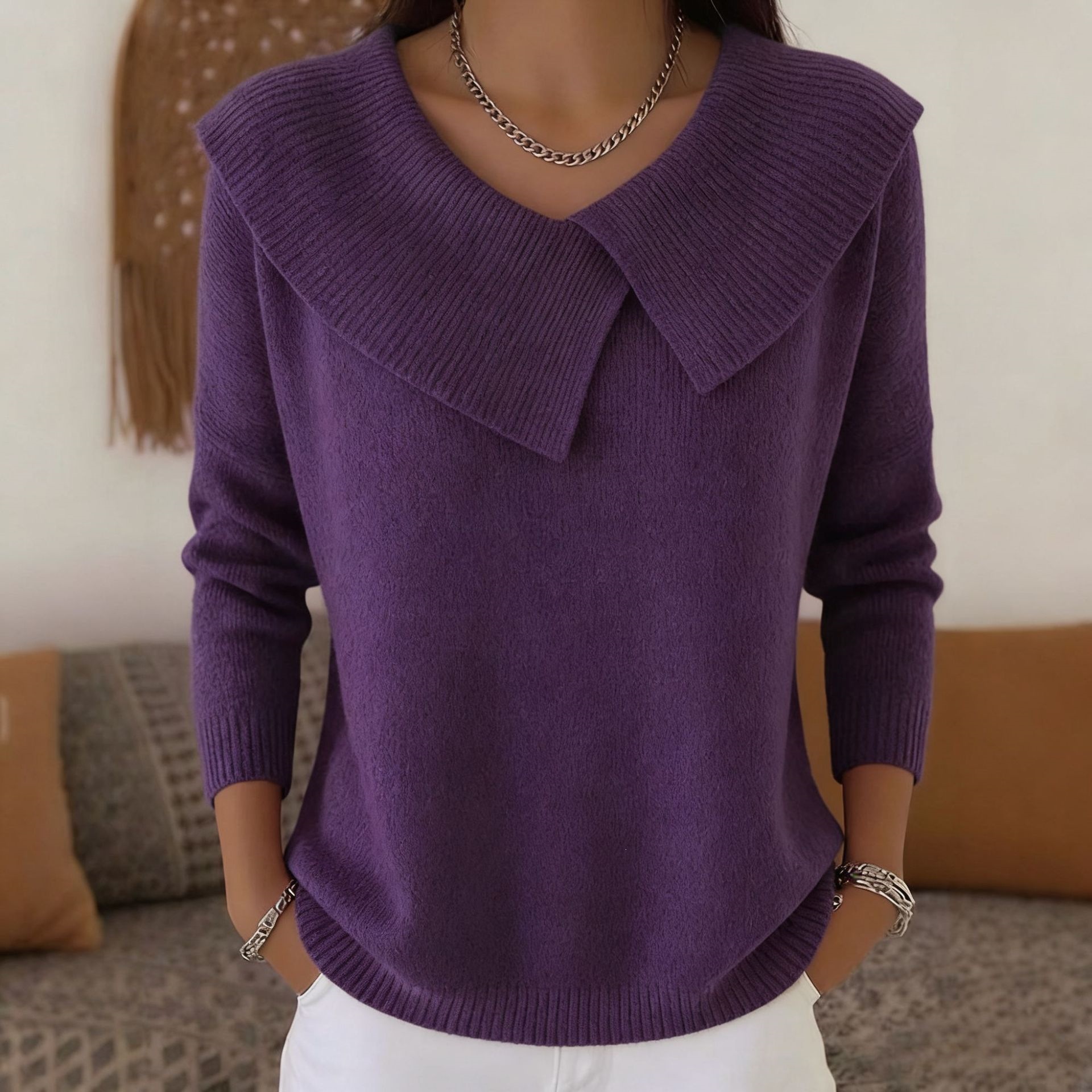 Women's Clothing Fashion Retro Slimming Collar Sweater For Women Style Versatile Knitwear Elegant Look For Formal & Casual For Women_ecoleips.com